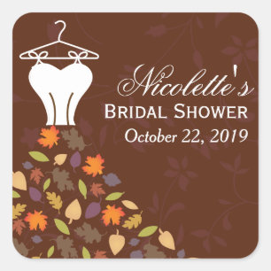 Autumn Leaves Wedding Dress Bridal Shower Favour Square Sticker