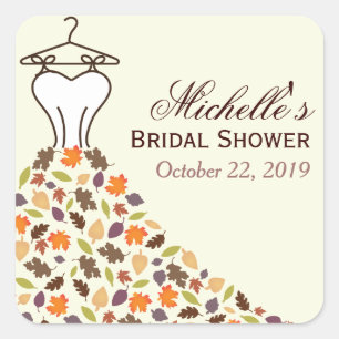 Autumn Leaves Wedding Dress Bridal Shower Favour Square Sticker