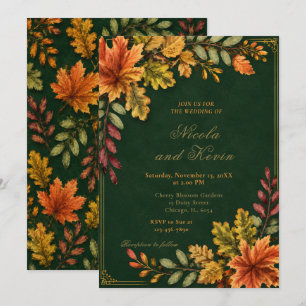 Autumn Leaves Wedding Forest Green Invitation