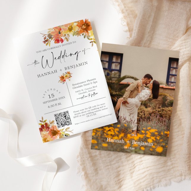 Autumn Leaves Wedding Modern Minimal QR Code Photo Invitation (Creator Uploaded)