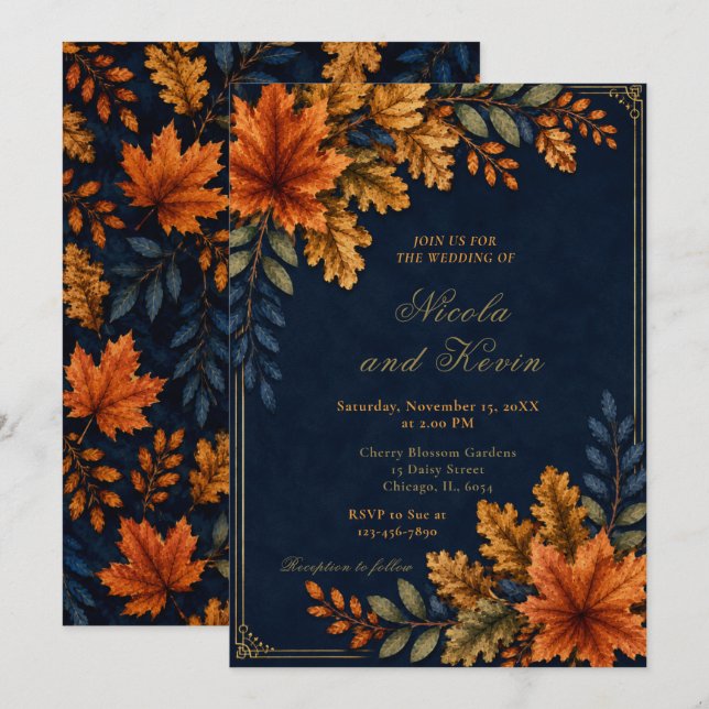 Autumn Leaves Wedding Navy Invitation (Front/Back)