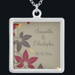 Autumn Leaves Wedding Silver Plated Necklace<br><div class="desc">An elegant design for a Fall Wedding with leaves in the autumn colours of yellow, red and brown falling with green flourishes on an olive green background. The colour of the text coordinates with the colour of the dark leaves. Fully customisable for your own special occasion. This coordinates with the...</div>