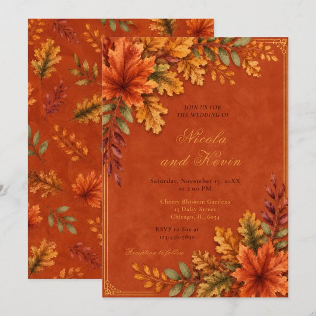 Autumn Leaves Wedding Terracotta Invitation (Front/Back)