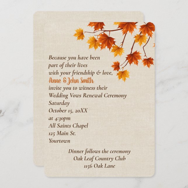 Autumn Leaves Wedding Vow Renewal Invitation (Front/Back)