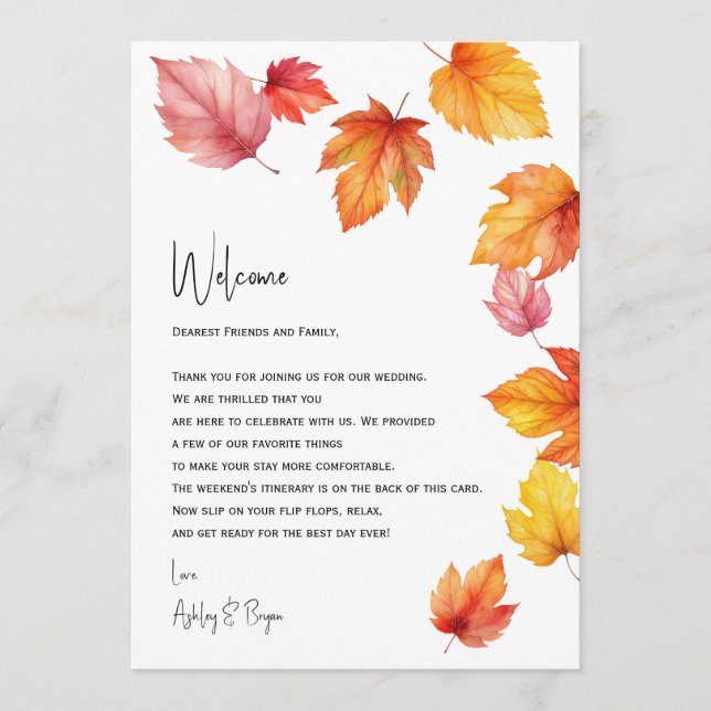 Autumn Leaves Wedding Welcome Letter & Itinerary Programme (Front)
