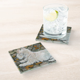 Autumn Leaves Westie on Patio Glass Coaster