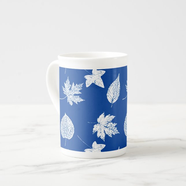 Autumn leaves - white and cobalt blue bone china mug (Front Left)