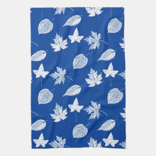 Autumn leaves - white and cobalt blue tea towel