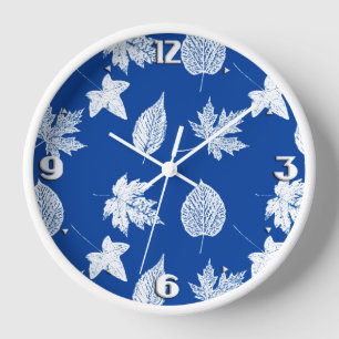 Autumn leaves - white and cobalt blue wall clock