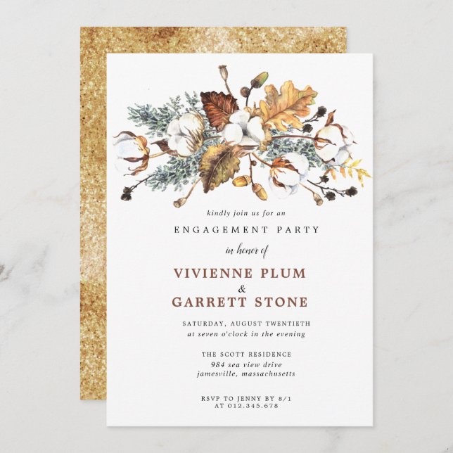 Autumn Leaves White Floral Engagement Party Invitation (Front/Back)