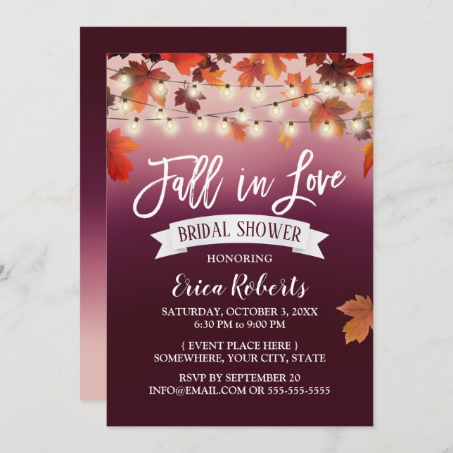 Autumn Leaves Wine Red Fall in Love Bridal Shower Invitation (Front/Back)