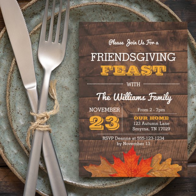 Autumn Leaves & Wood Rustic Thanksgiving Invitation (Creator Uploaded)