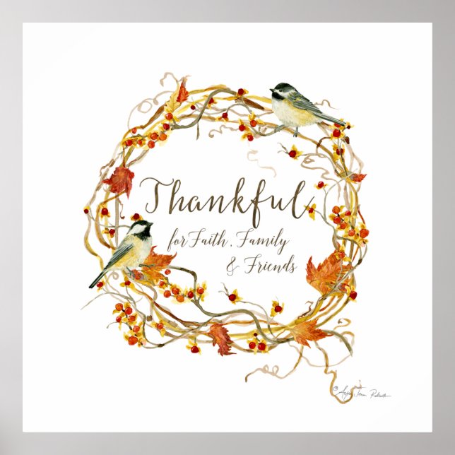 Autumn Leaves Wreath Watercolor Thankful Family Poster (Front)