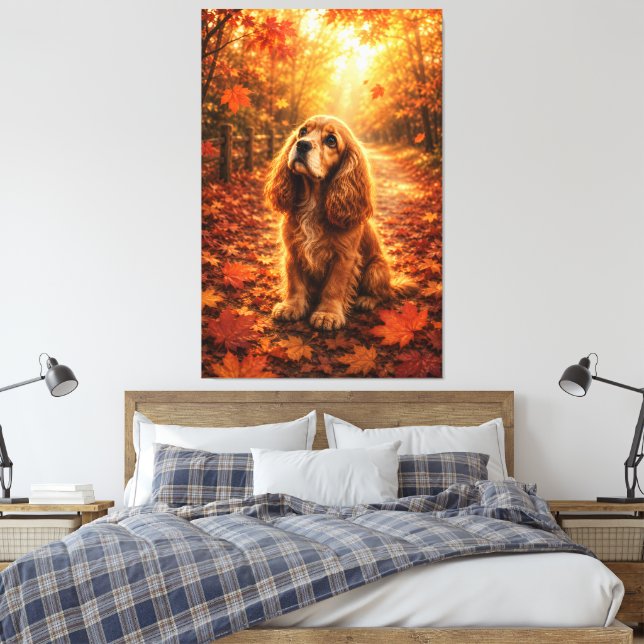 Autumn Light Cocker Spaniel Puppy – Cosy Fall Fore Canvas Print (Insitu(Bedroom))