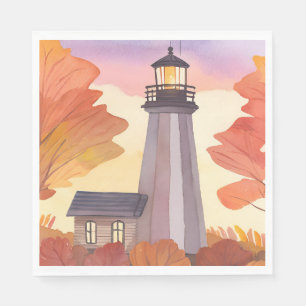 Autumn Lighthouse   Fall Foliage Watercolor Napkin