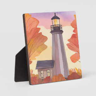 Autumn Lighthouse Fall Foliage Watercolor Plaque