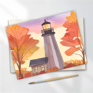 Autumn Lighthouse   Fall Foliage Watercolor Postcard