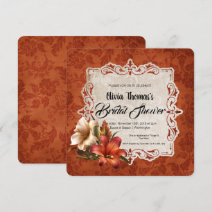 Autumn Lilies Golden Brown Damask Bridal Shower Invitation