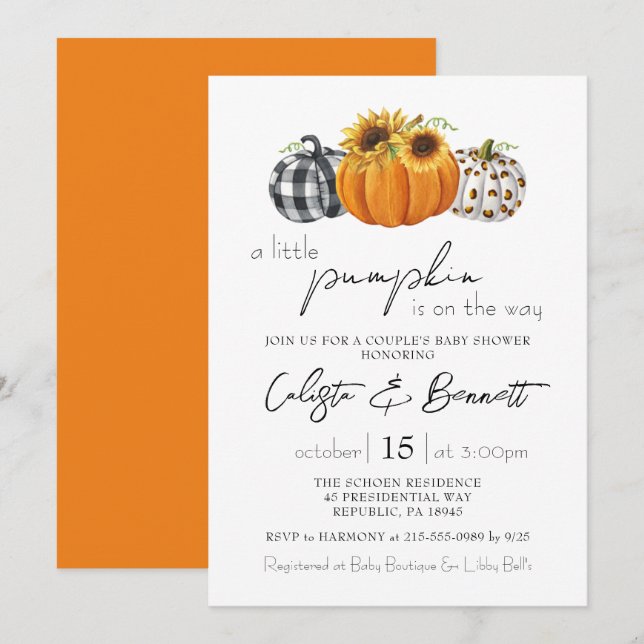 Autumn Little Pumpkin Sunflower Couple Baby Shower Invitation (Front/Back)
