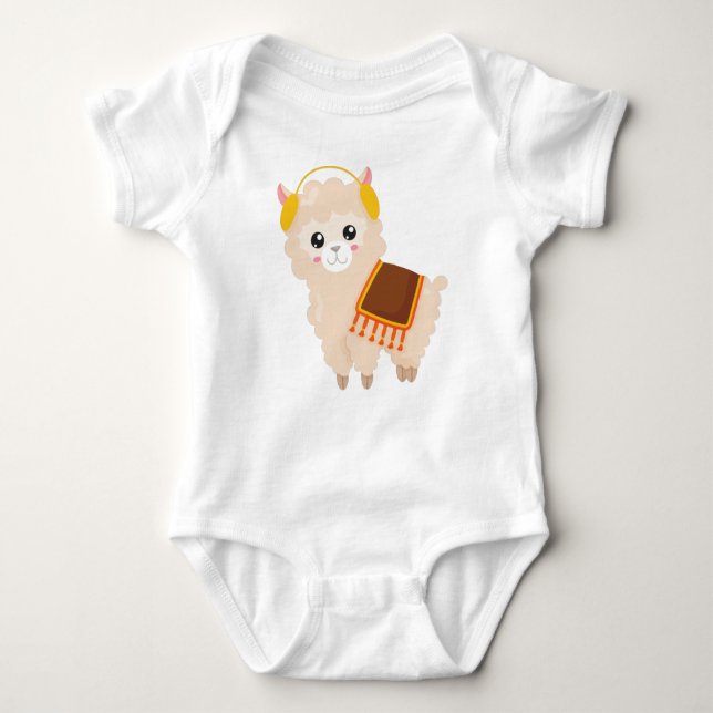 Autumn Llama, Cute Llama, Cute Alpaca, Ear Muffs Baby Bodysuit (Front)