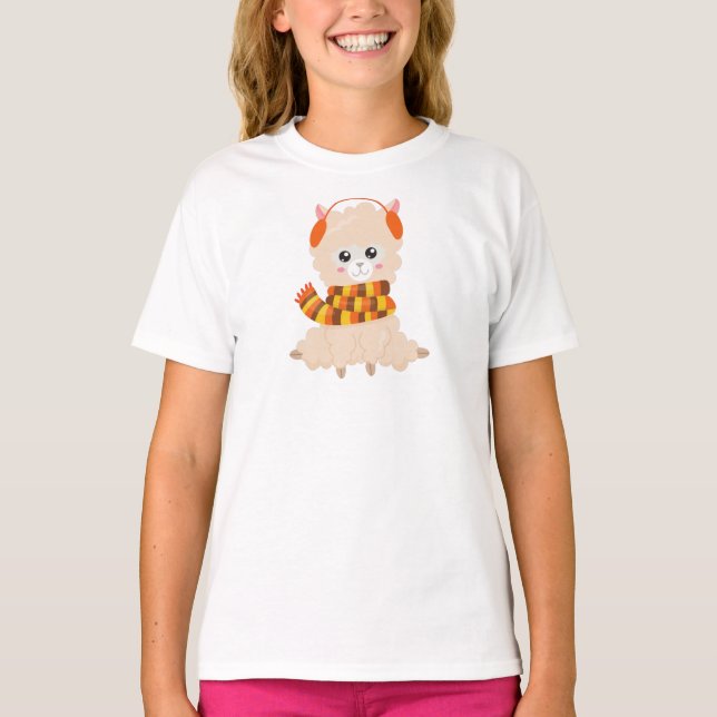 Autumn Llama, Cute Llama, Llama With Scarf, Alpaca T-Shirt (Front)
