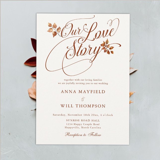 Autumn Love Story Romantic Calligraphy Wedding Invitation (fall leaves love story romantic calligraphy wedding invitation rustic elegant modern classic simple)