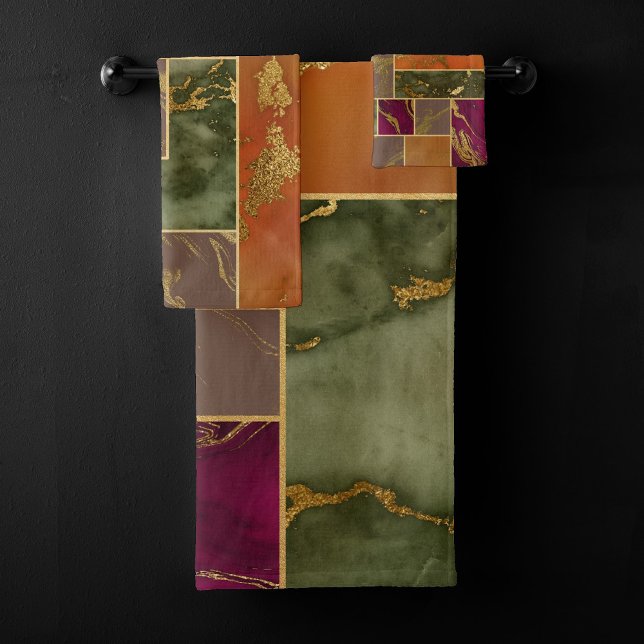 Autumn Luxury | Geometric Gold Jewel Tone Marble Bath Towel Set (Creator Uploaded)