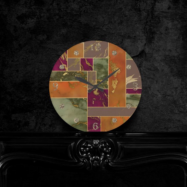 Autumn Luxury | Geometric Gold Jewel Tone Marble Round Clock (Creator Uploaded)
