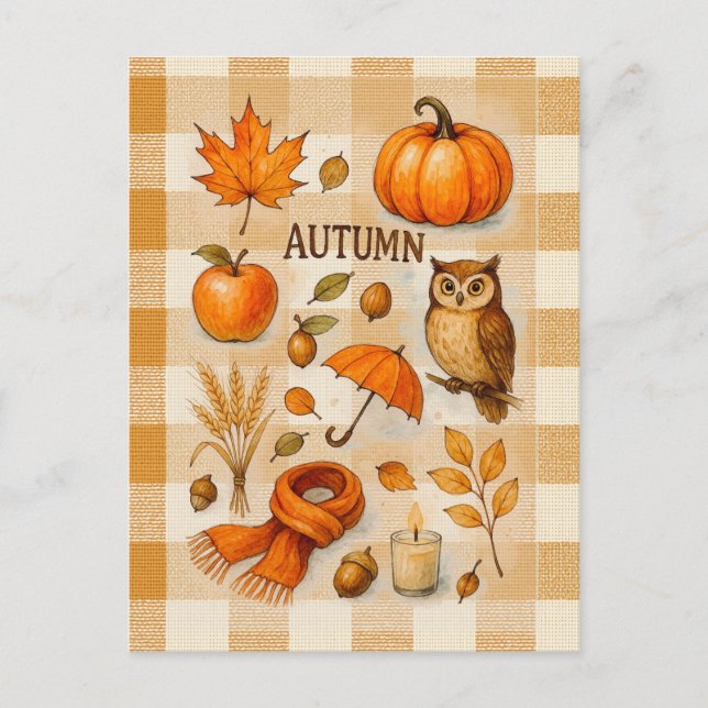 Autumn Magic Postcard Cozy Fall Owl Pumpkin Leaves (Front)