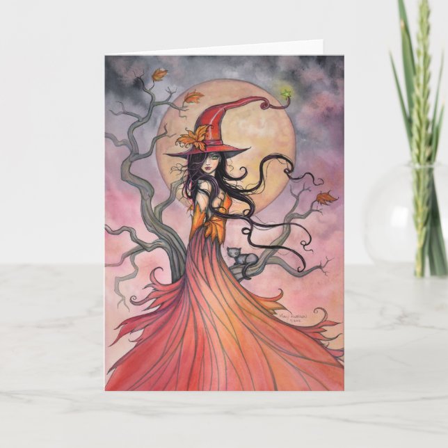 Autumn Magic Witch and Cat Halloween Art Card (Front)