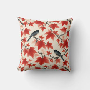 Autumn Maple and Birds Japanese Art Cushion