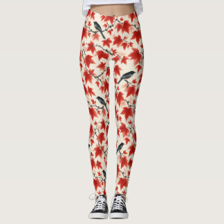 Autumn Maple and Birds Japanese Art Leggings