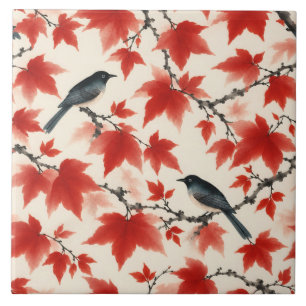 Autumn Maple and Birds Japanese Art Tile