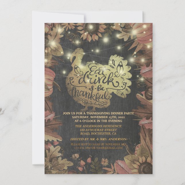 Autumn Maple Gold Turkey Thanksgiving Dinner Party Invitation (Front)