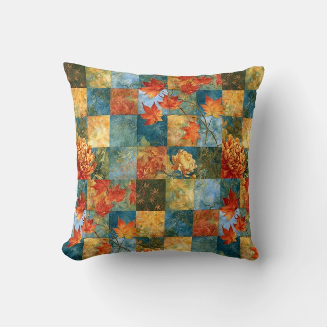 Autumn Maple Leaf Botanical Patchwork Cushion (Front)