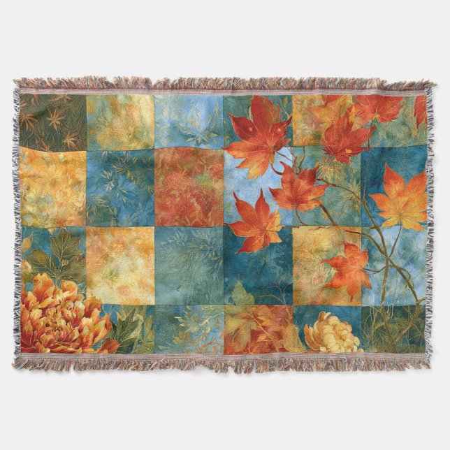 Autumn Maple Leaf Botanical Patchwork Throw Blanket (Front)