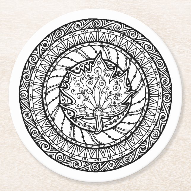 Autumn Maple Leaf Doodle Round Paper Coaster (Front)