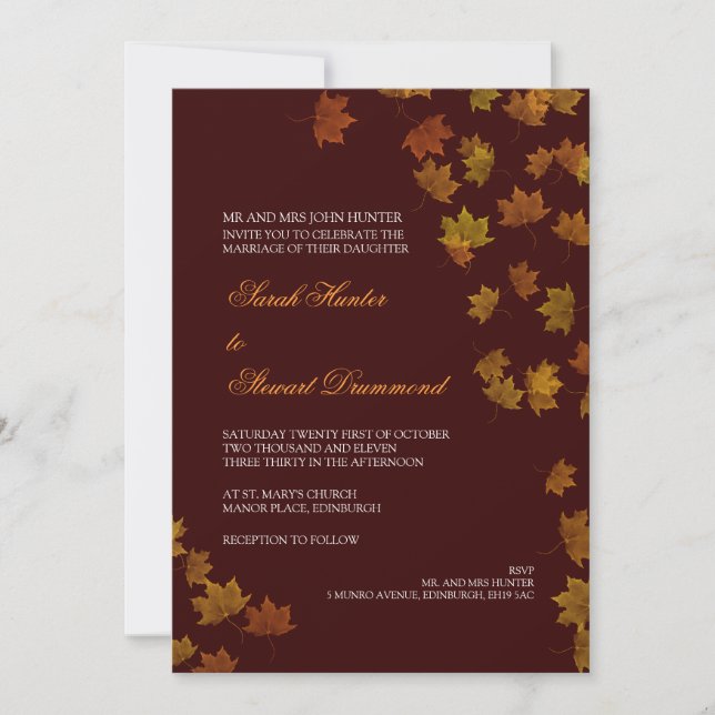 Autumn Maple Leaf Wedding Invitation -Brown (Front)