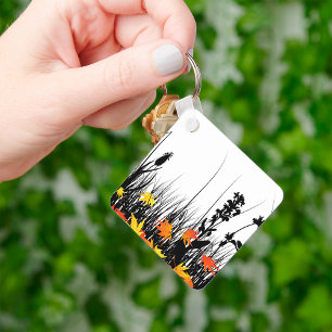 Autumn Maple Leaves and Wild Grass Silhouette  Key Ring