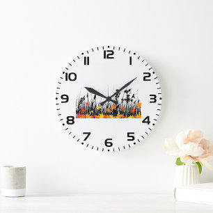Autumn Maple Leaves and Wild Grass Silhouette  Large Clock