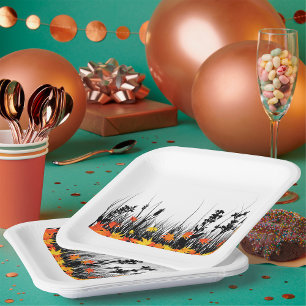 Autumn Maple Leaves and Wild Grass Silhouette Paper Plate