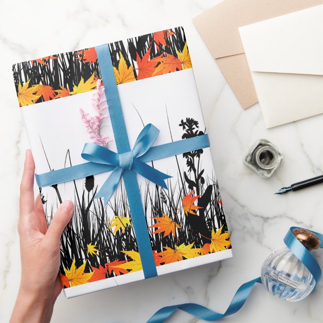 Autumn Maple Leaves and Wild Grass Silhouette  Wrapping Paper (Creator Uploaded)