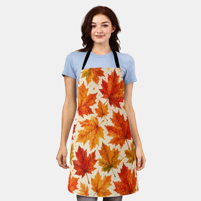 Autumn Maple Leaves Pattern | Fall Orange Red Leaf Apron (Worn)