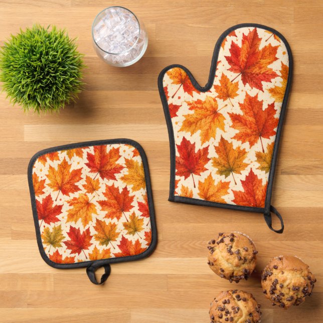 Autumn Maple Leaves Pattern | Fall Orange Red Leaf Oven Mitt & Pot Holder Set (Top Down)