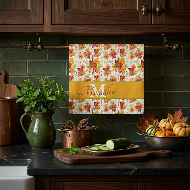 Autumn maple leaves pattern personalised tea towel (Creator Uploaded)