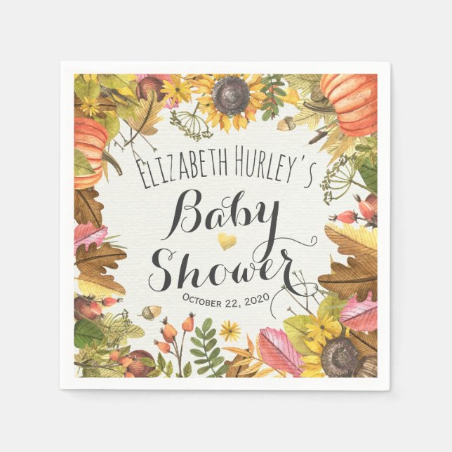 Autumn Maple Leaves Pumpkin Sunflower Baby Shower Napkin (Front)