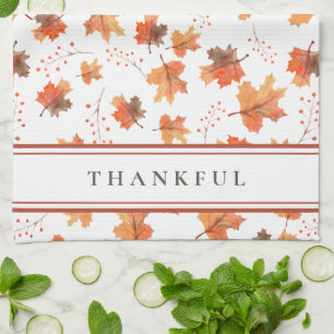 Autumn Maple Leaves & Terracotta Stripe Custom Tea Towel