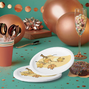 Autumn Maple Leaves with Branches and Sunset Paper Plate