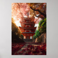 Autumn Maple Pagoda Temple Staircase Glow
