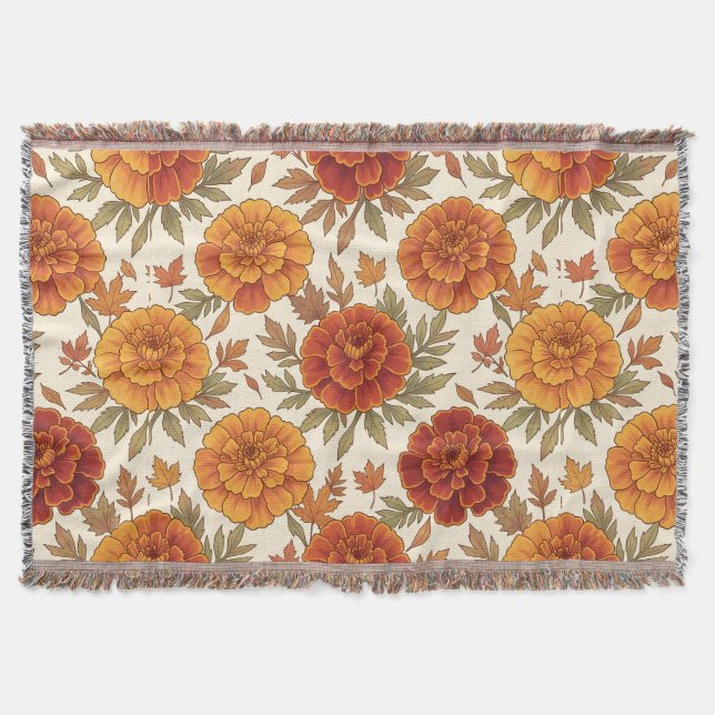 Autumn marigold flower pattern throw blanket (Front)